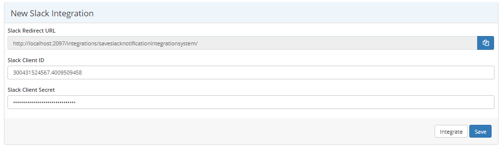 Slack Integration Settings page